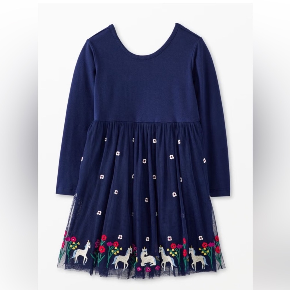 Hanna Andersson Blue Long Sleeve Dress with Embroidered Unicorns
